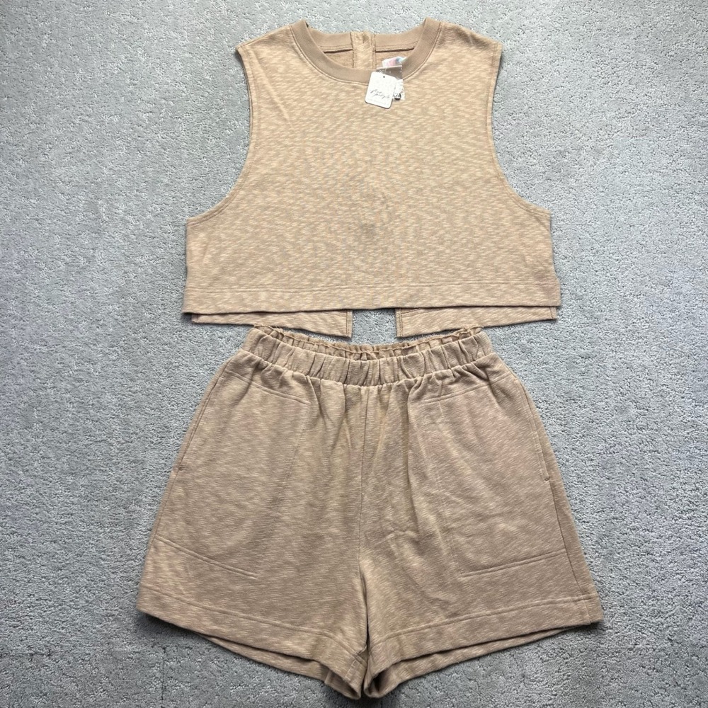 Free People FP Beach Tank Top And Shorts Set Womens Large Taupe Slub Knit NWT